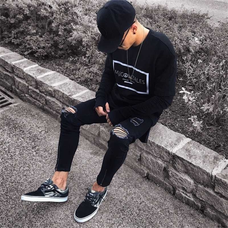 Cool Fashion Stretch Denim Black Jeans Ripped Destroyed Slim Fit HIp Hop Pants With Holes For Men 211011