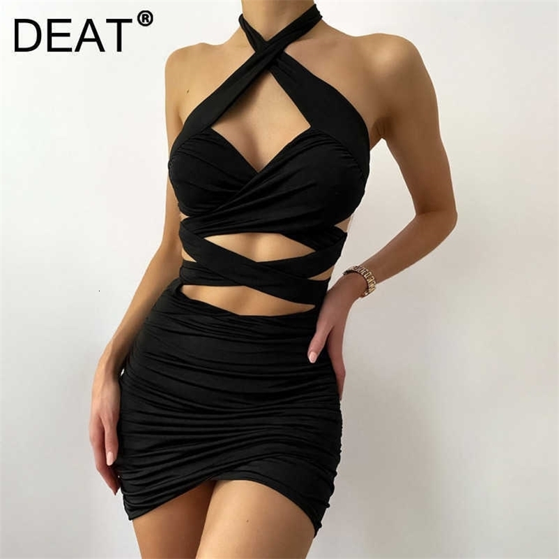 DEAT Women Hanging Neck Double-layer Cross Hollow Pleated Tight-fitting Dress Sexy Fashion Spring Summer 11D1109 210709