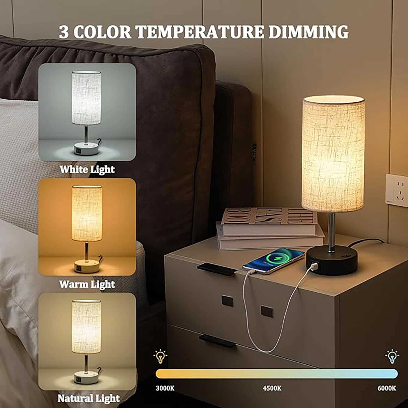 E27 bulb desk lamp with USB port circular linen lampshade suitable for bedroom bedside table decoration light without bulb C251115