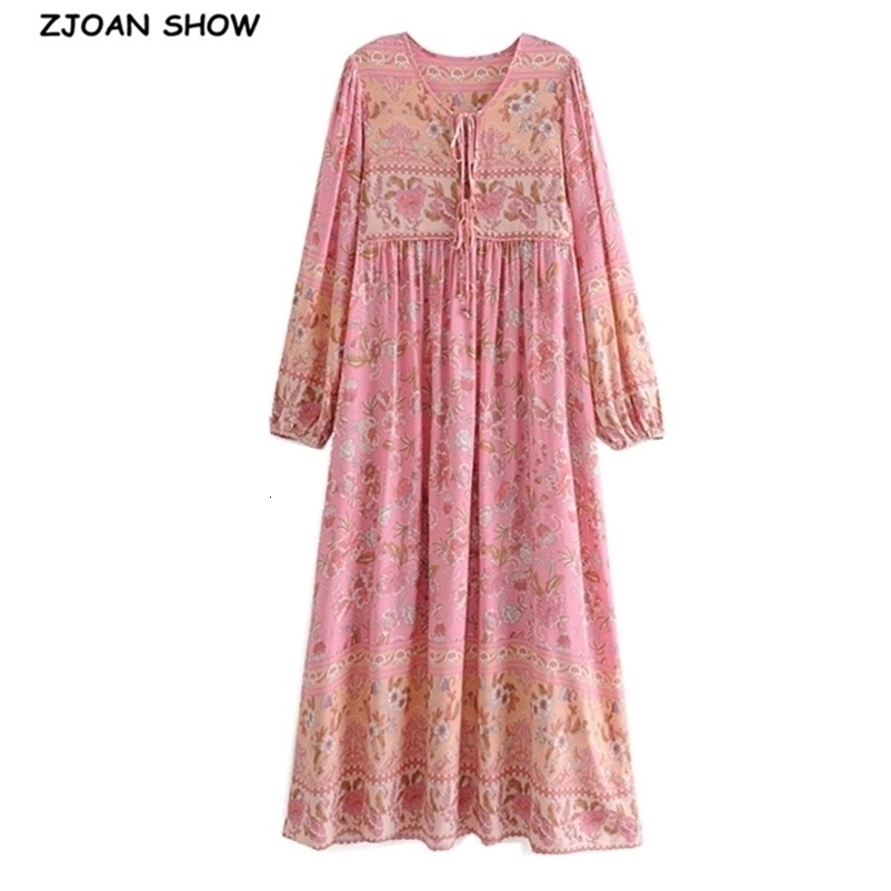 Bohemia Bandage Lacing up Collar Contrast Pink Flower Print Midi Dress BOHO Woman Long Sleeve Holiday Dresses Beach 210429
