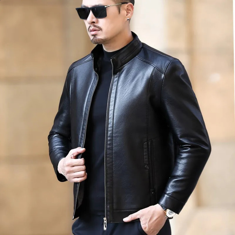 YXL221 Natural Leather Jacket Mens Standup Collar Business Casual Fur Onepiece Super Soft SE Plush Liner Warm 241217