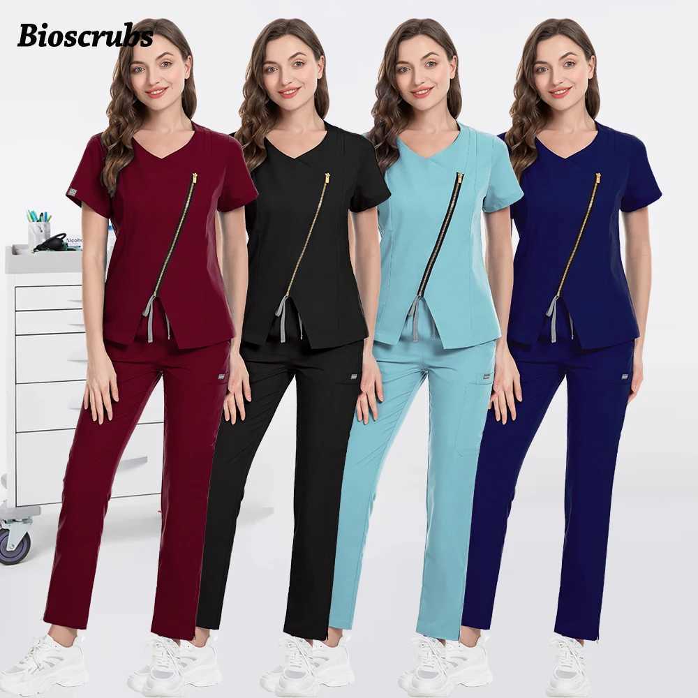 Medical Apparel Scrubs Uniforms Women Short Sleeve Clinical Workwear Surgical Uniforms Hospital Clothing with Pockets L250922