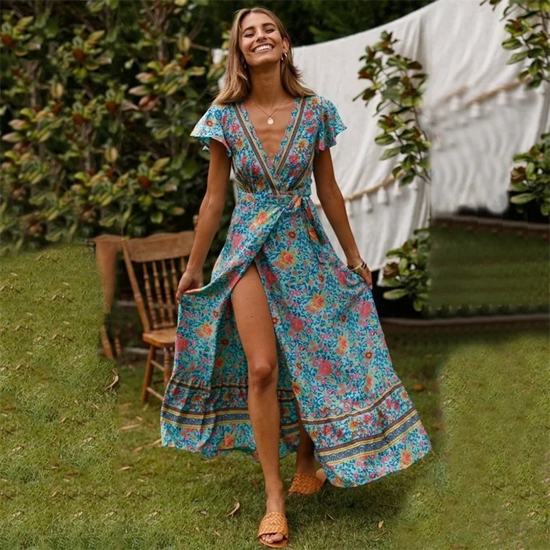 Happie Queens Women Floral Print Bat Sleeve Beach Bohemian Maxi Dress Ladies Sashes Boho Wrap Dresses Robe Bikini Cover-ups 250519