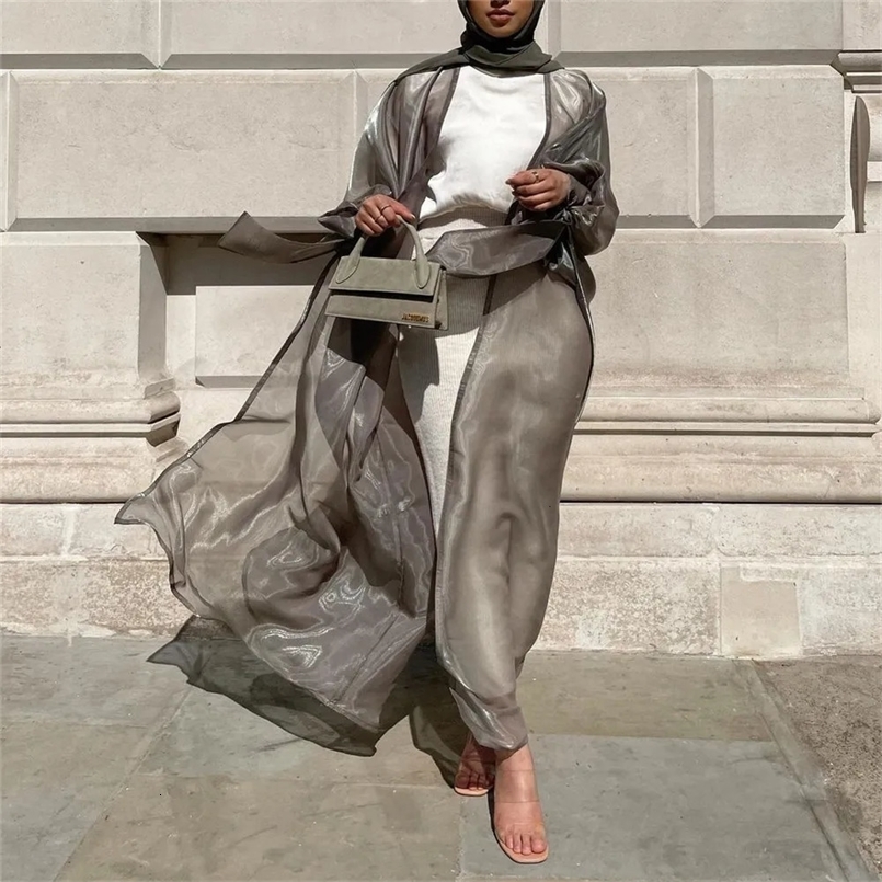 Shiny satin open Abaya Dubai Kaftan Womens Muslim kimono open Islamic puffy sleeves Caftan Maxi dress gown Jalabiya 241111