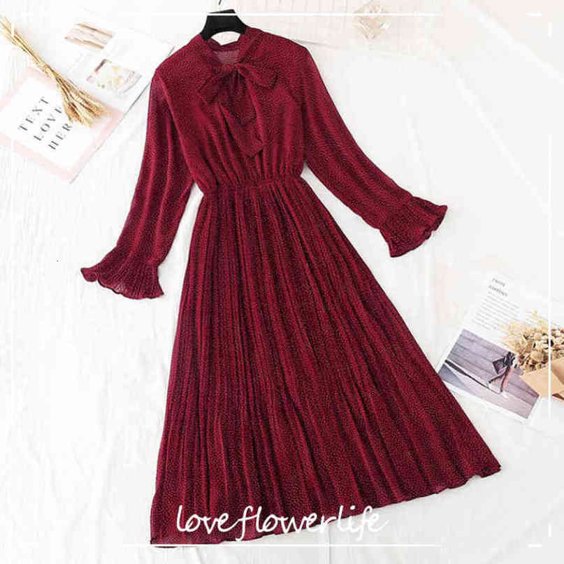 Spring Summer Chiffon Dress Casual Flare Sleeve Vintage Print Pleated Midi Dress Elegant Party Dress Elastic Waist Vestidos 210521