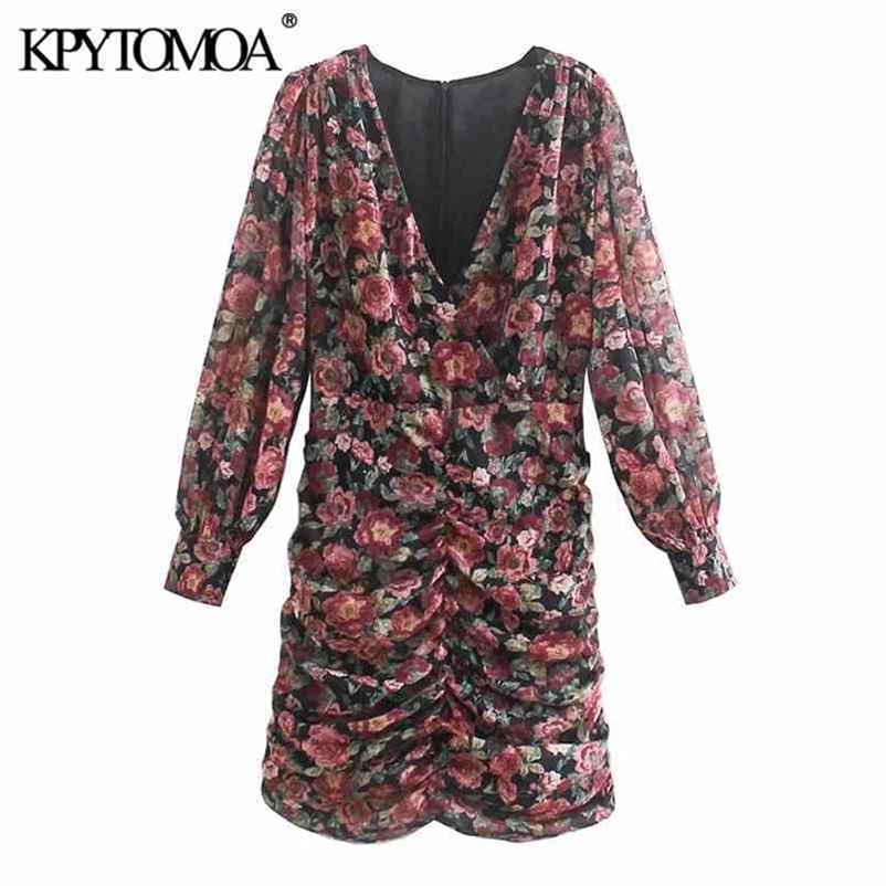 Women Chic Fashion Floral Print Pleated Mini Dress Long Sleeve Back Zipper Female Dresses Vestidos Mujer 210420