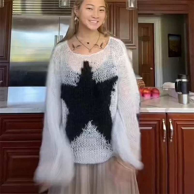 Women's Sweaters Women Star Pattern Long Sleeve O Neck Casual Hollow Knitted Pullover Top Fashion Oversized Sweater Spring Autumn Y2k Streetwear 