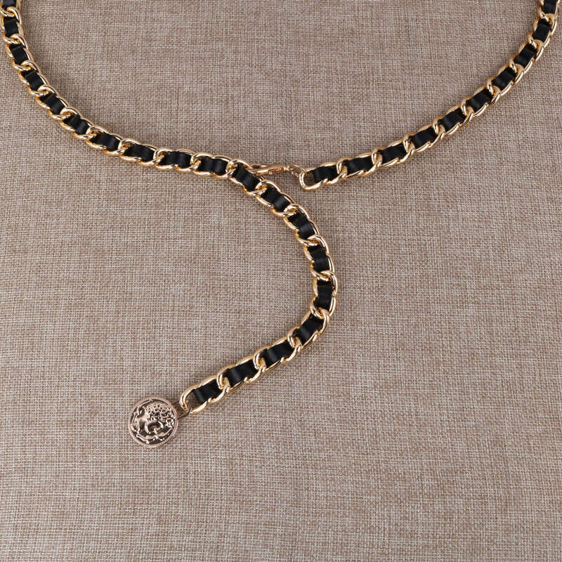 French Style Chain Women, Fashionable Leather Patchwork Metal Belt Accessory Dresses, Waist Cincher for Women