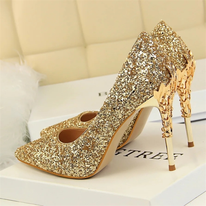 Women 10cm High Heels Fetish Pumps Lady Glitter Metal Carving Wedding Bridal Heels Bling Party Scarpins Shoes 241031