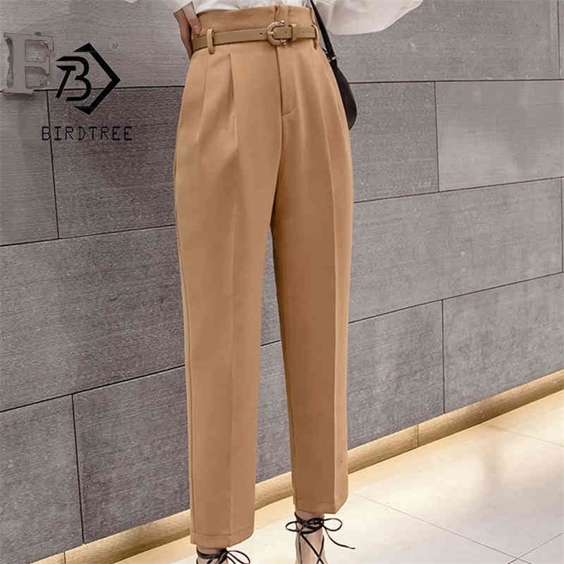 Spring Autumn Casual Suit Women's Workwear Solid High Waist Straight Pants Capris Trousers With Belt B11308P 210416