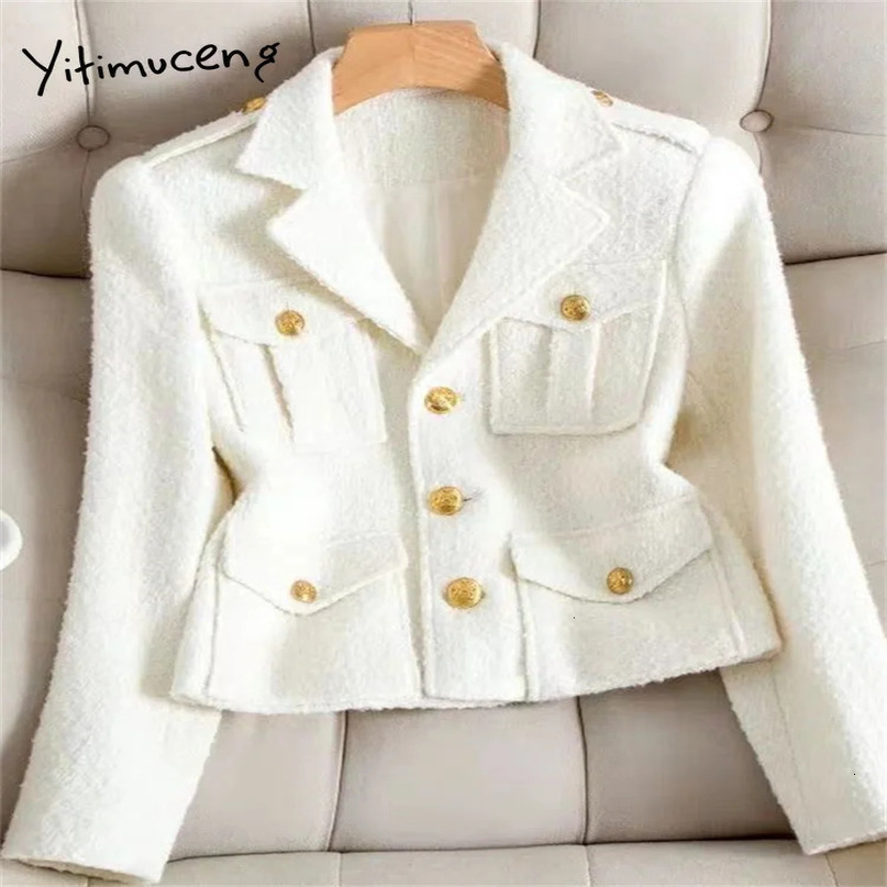 Yitimuceng Button Up Jackets for Women Autumn Winter Office Ladies Turn Down Collar Coats Vintage Long Sleeve Tweed Jacket 240307