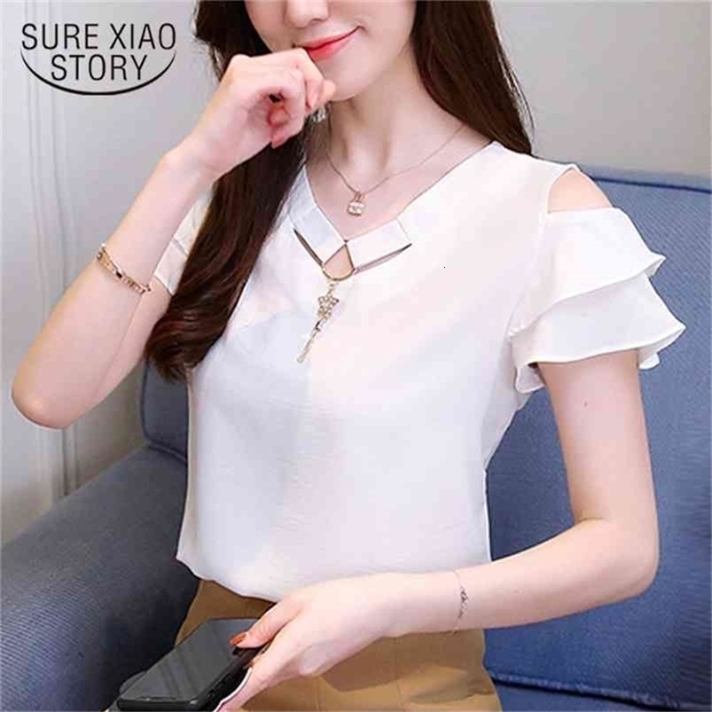 Fashion White Chiffon Blouse Women Shirt Short Sleeve V Collar Summer Tops Blouses Blusas Female Clothing 0081 30 210506