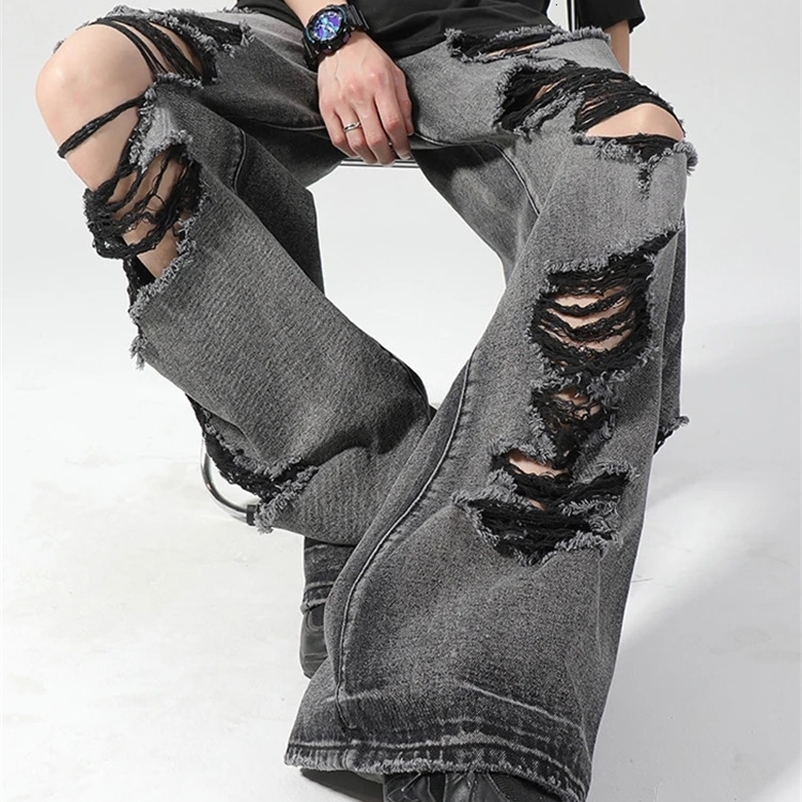 Vintage Y2K Ripped Jeans Men Streetwear Spring Summer Fashion Loose Straight Denim Pants Mens Trendy Hollow Out Wide Leg Jeans 240704