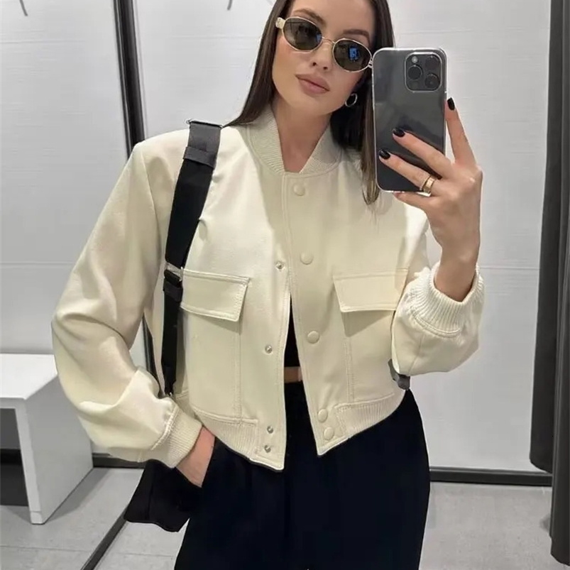 TRAF Women Fashion With Pockets Bomber Jacket Coats Vintage Long Sleeve Front Button Casual Female Outerwear Chic Tops 240830