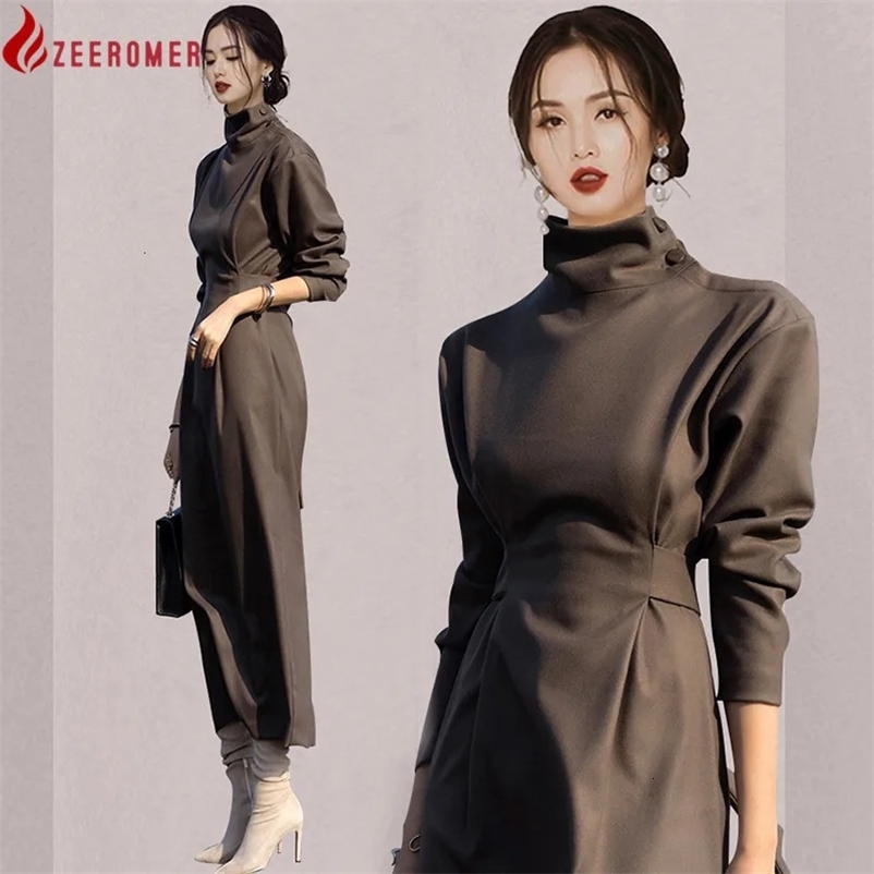 Autumn Elegant OL Temperament Long Dress Women Turtleneck Lace Up Solid Colour Party Dress Korean Vintage Female Clothes 240106