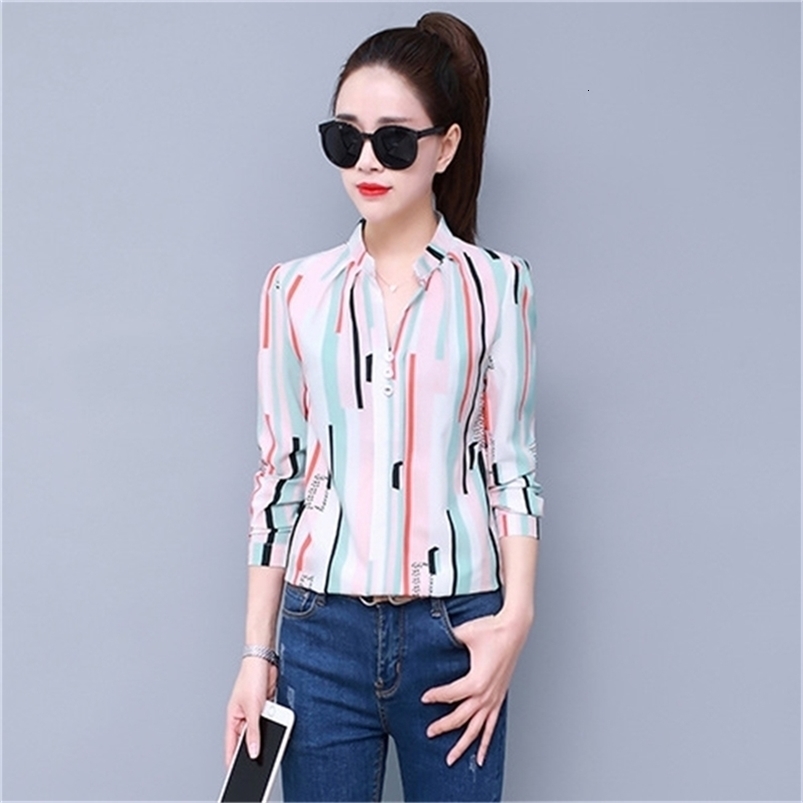 Chiffon Women Blouses Office Lady Striped s Tops and V-Neck Shirts Plus Size XXL Blusas Femininas Elegante 210531