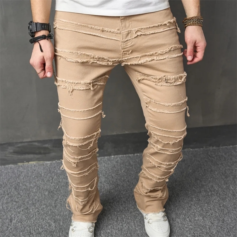 Stylish Men Vintage HipHop Stacked Spliced Distressed Slim Straight Jeans Pants Streetwear Male Ripped Biker Denim Trousers 240912