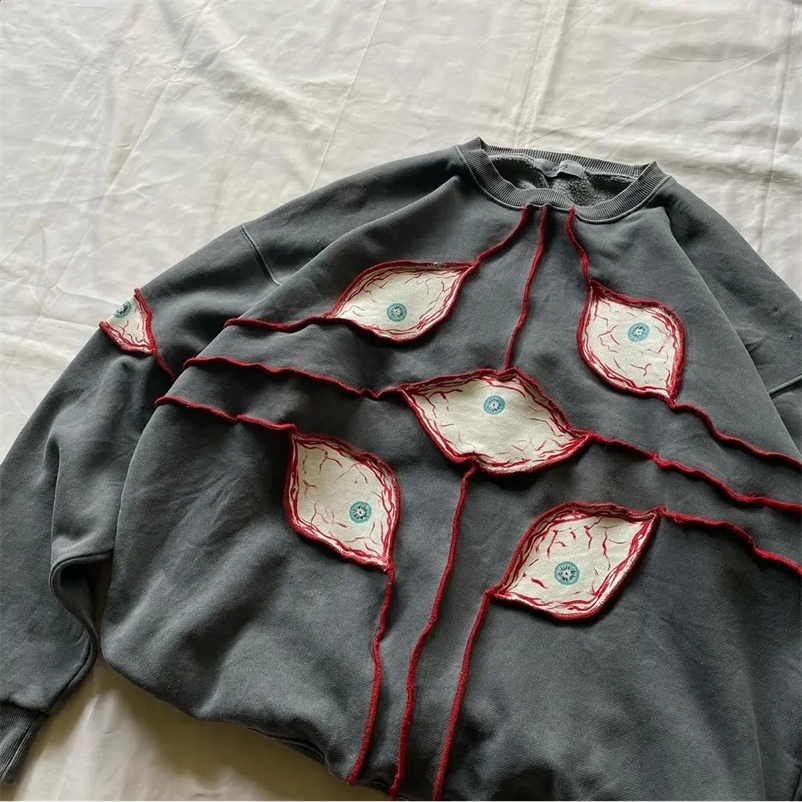 Streetwear Sweatshirt Y2K Mens Retro Hip Hop Eyeball Patch Oversized Pullover Sweatshirt Harajuku Gothic Long Sleeve Tops 240717
