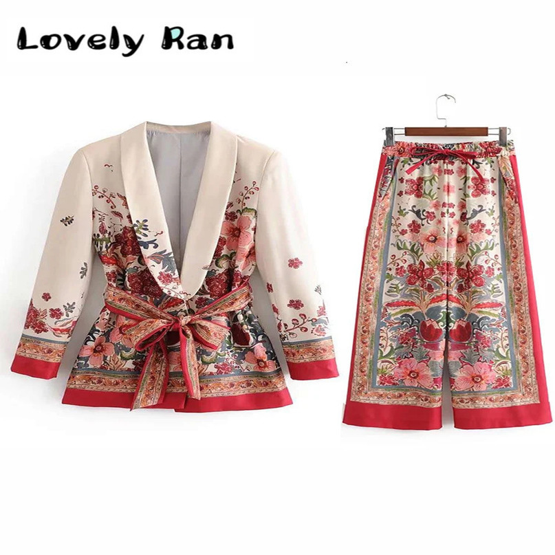 Floral Printed Suit Pant Sets Woman 2 Pieces Retro Flower Blazer Suits Office Ladies Lace Up Coat Loose Pants Outfits 240423