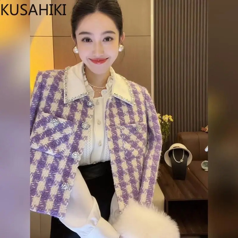 KUSAHIKI Autumn Tweed Women Jackets Fashion Purple Turn-down Collar Elegant Caridgan Coat Korean Chic Outwear Tops 250109