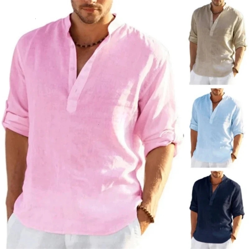 Mens Linen Long Sleeve Breathable Shirt Solid Color Casual Basic Cotton Linen Shirt Tops Hemp Shirt for Men Tee 240530