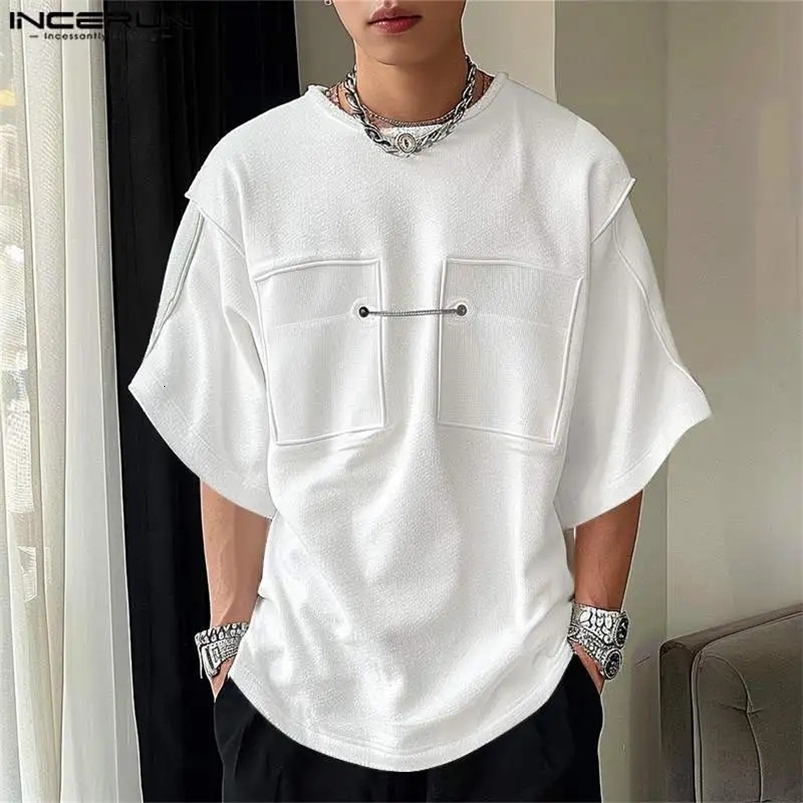INCERUN Tops Fashion Mens Metal Buckle Texture Camiseta Streetwear Mens Solid Comfort Mid Sleeve T-shirt S-5XL 250207