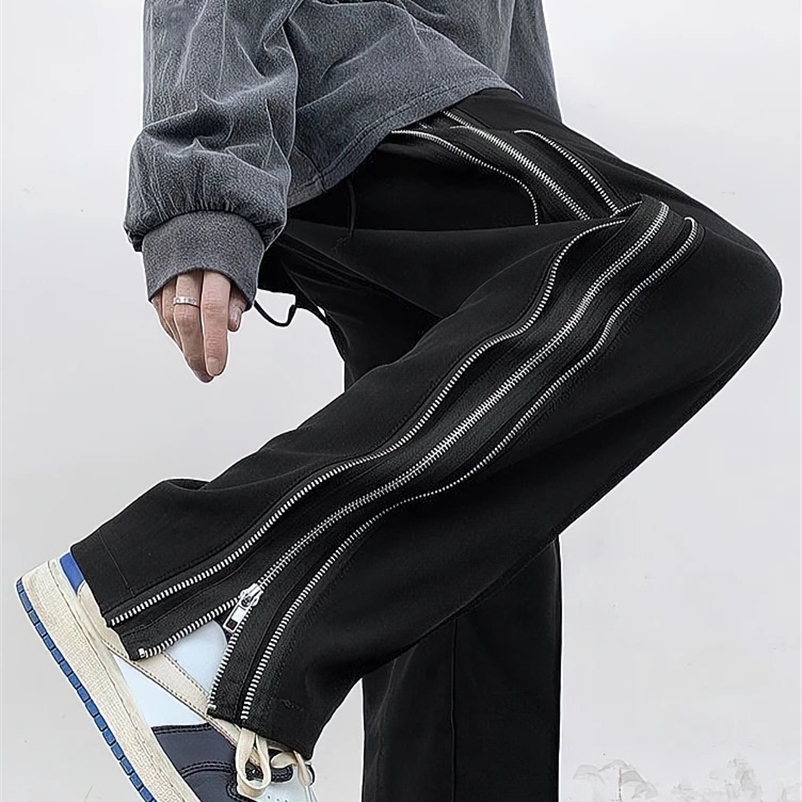 Streetwear Side Split Zipper Loose Casual Straight Pants Men Outdoor Y2k Black Parachute Long Trousers 240717