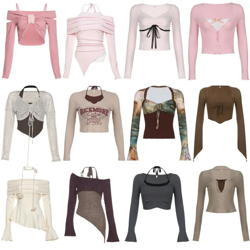 Sexy Vintage Crop Tshirts Long Sleeve Slim T Shirt Autumn Korean Style Chic Sweet Y2K Aesthetic Streetwear Female Tee 241018