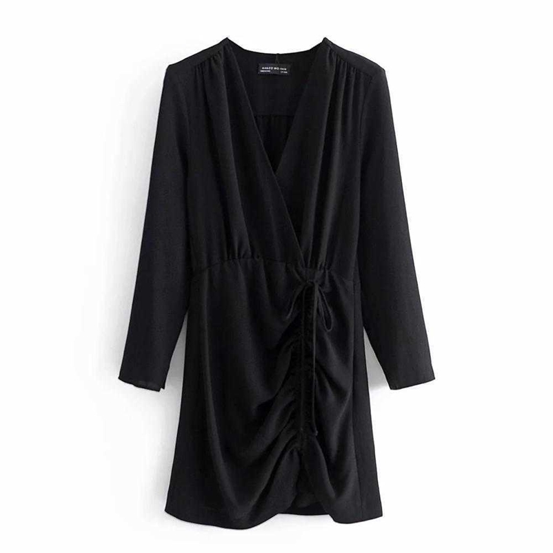 Women Dress V-neckline Long Sleeves Elastic Waist Draped Short Mini Dress for Women Femme Robe Ropa Mujer Vestidos 210709