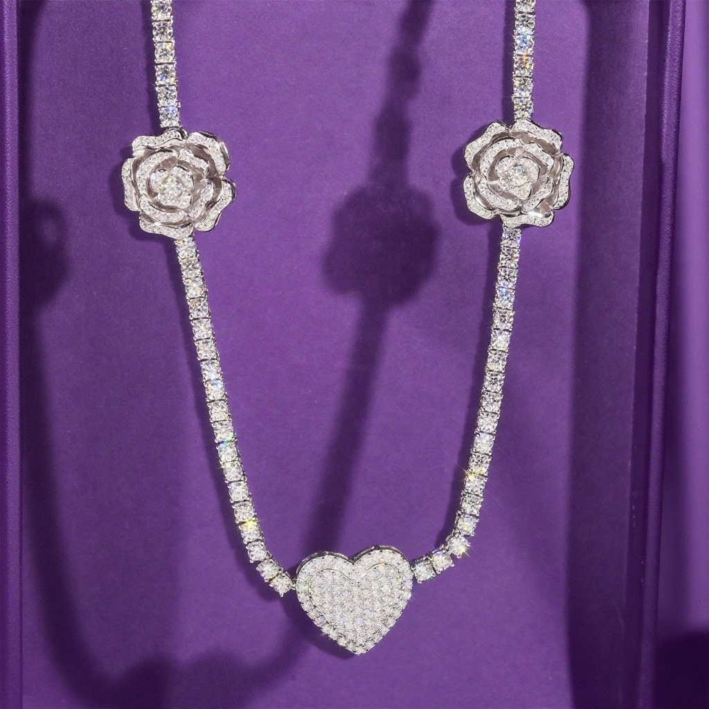 Hip Hop Iced Jewelry 3mm VVS D Color Moissanite Bling 925 Silver Rose Flower Heart Tennis Chain Necklace for Women Gift