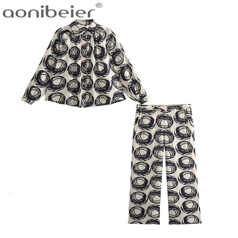Aonibeier Women Printed 2 Piece Sets Traf Summer Long Sleeve Loose Shirt Oversize Blouse Female Top Wide Leg Pants Suits Y2K 240423