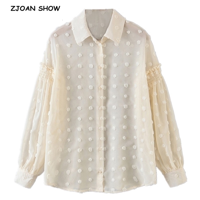 Romantic See through 3D Dot Chiffon Shirt Beige Retro Woman Stitching Elastic Lantern Long sleeve Blouse Sweet Tops Blousas 210429