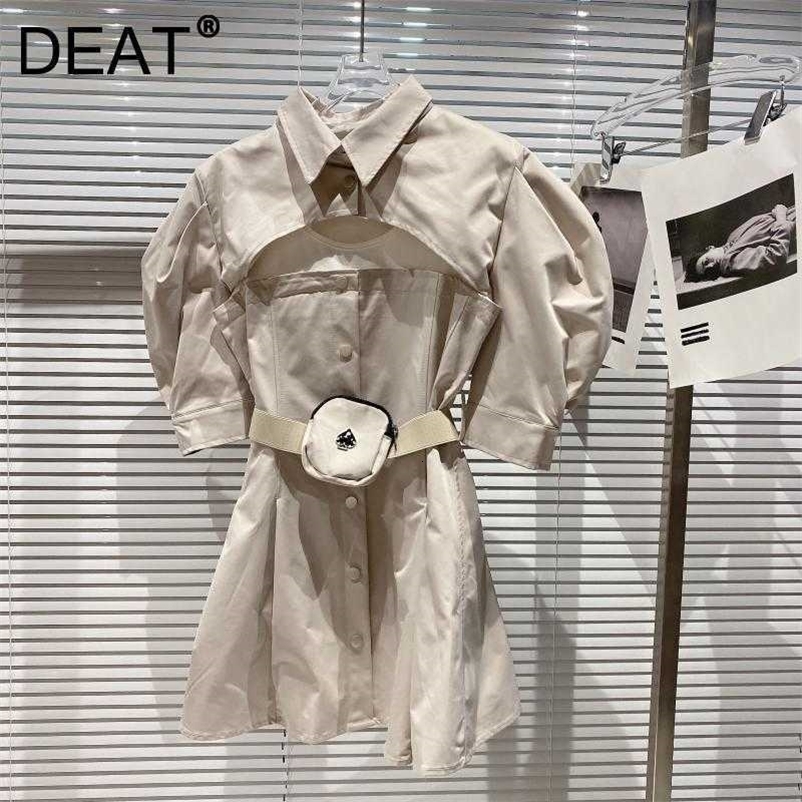 DEAT Women Patchwork Sling Dress Lapel Neck Short Sleeve Arrivals Lady Sexy Temperamnet Fashion Spring Summer 11D1934 210709
