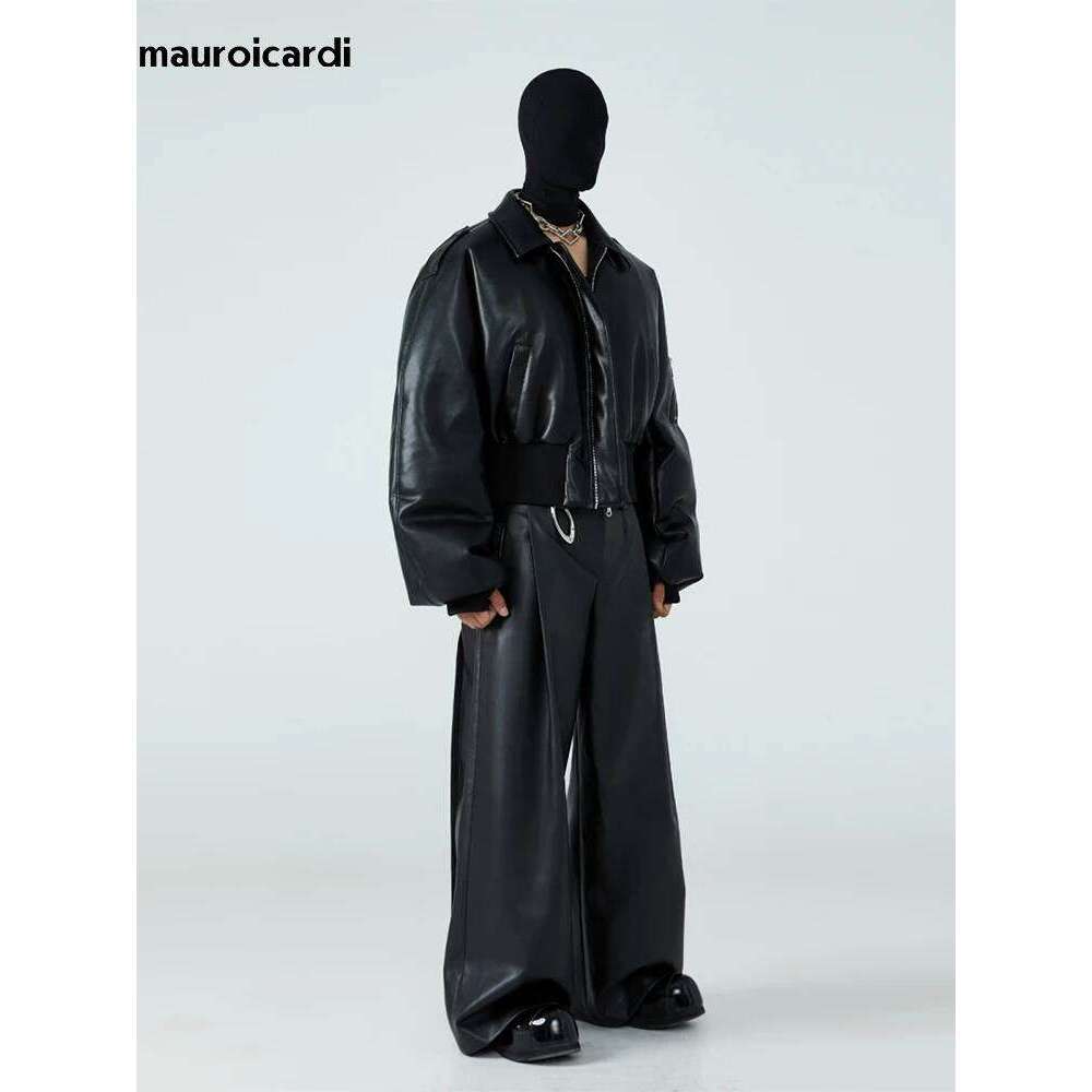 hoodie Mauroicardi Autumn Winter Short Thick Warm Black Pu Leather Jacket Men with Long Sleeve Zipper Casual Designer Clothes