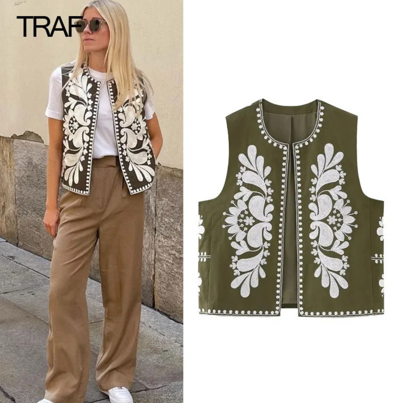 TRAF Woman Embroidered Vests Womens Suit vest Summer Cardigan Sleeveless Top Floral Female Jackets Coat 240523