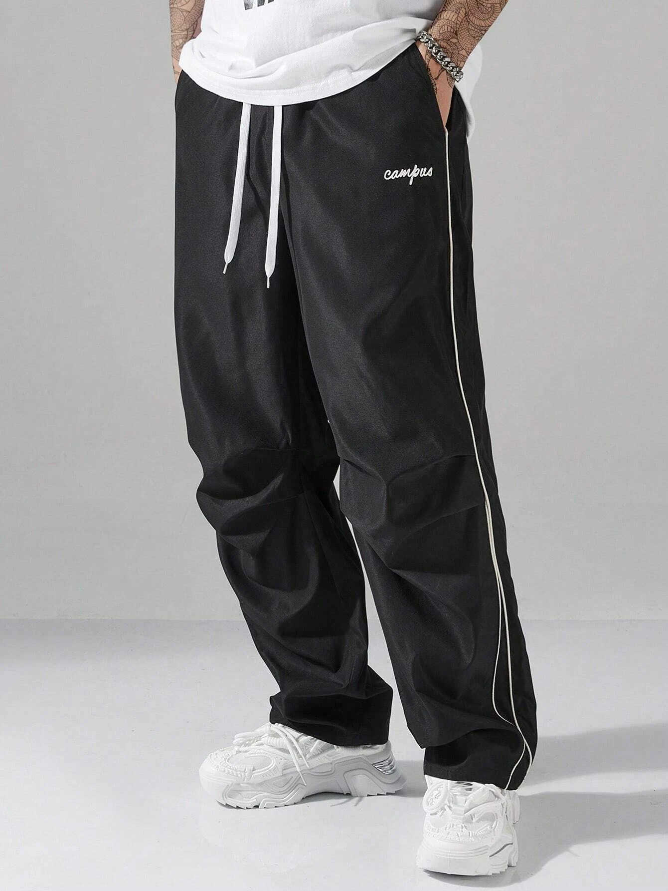 Larbulse Men Contrast Trim Trouser Fashion Casual Pants Solid Color Breathable Loose Straight Drawstring Pants Streetwear T250924