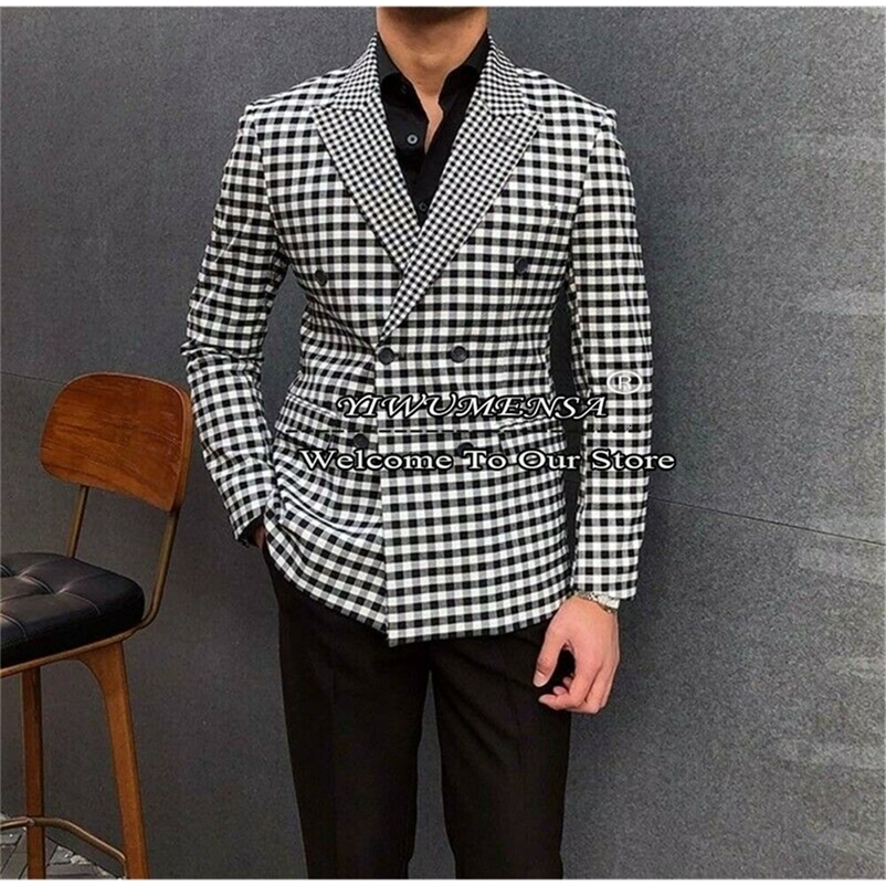 Men's Suits Blazers Vintage Plaid Suits Men Checkered Groom Tuxedos Male Fashion Clothes Slim Fit Double Breasted Blazers Set Prom Party Dress 23