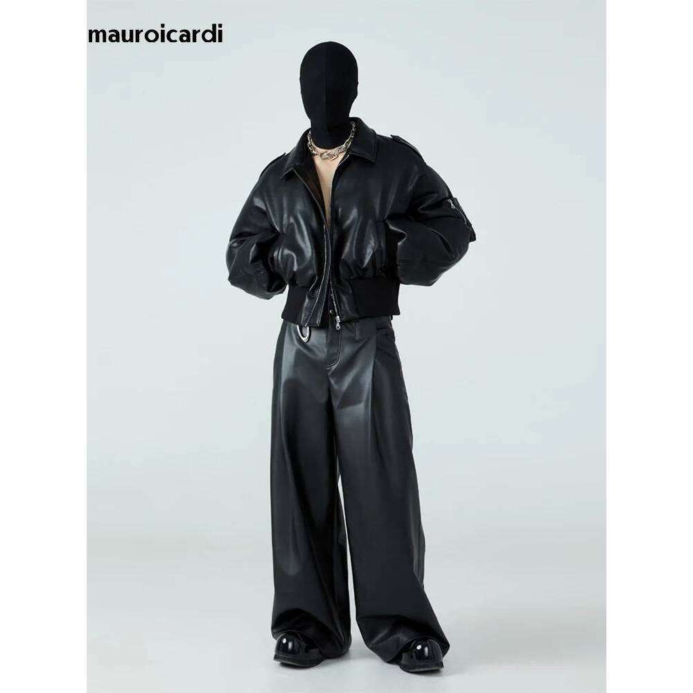 hoodie Mauroicardi Autumn Winter Short Thick Warm Black Pu Leather Jacket Men with Long Sleeve Zipper Casual Designer Clothes