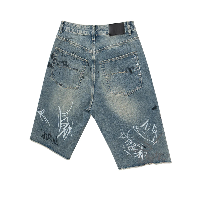New Summer Hand Drawn Graffiti Ripped Seven Quarter Jeans Mens Straight Wide Leg Frayed Hole Blue Denim Shorts Oversized