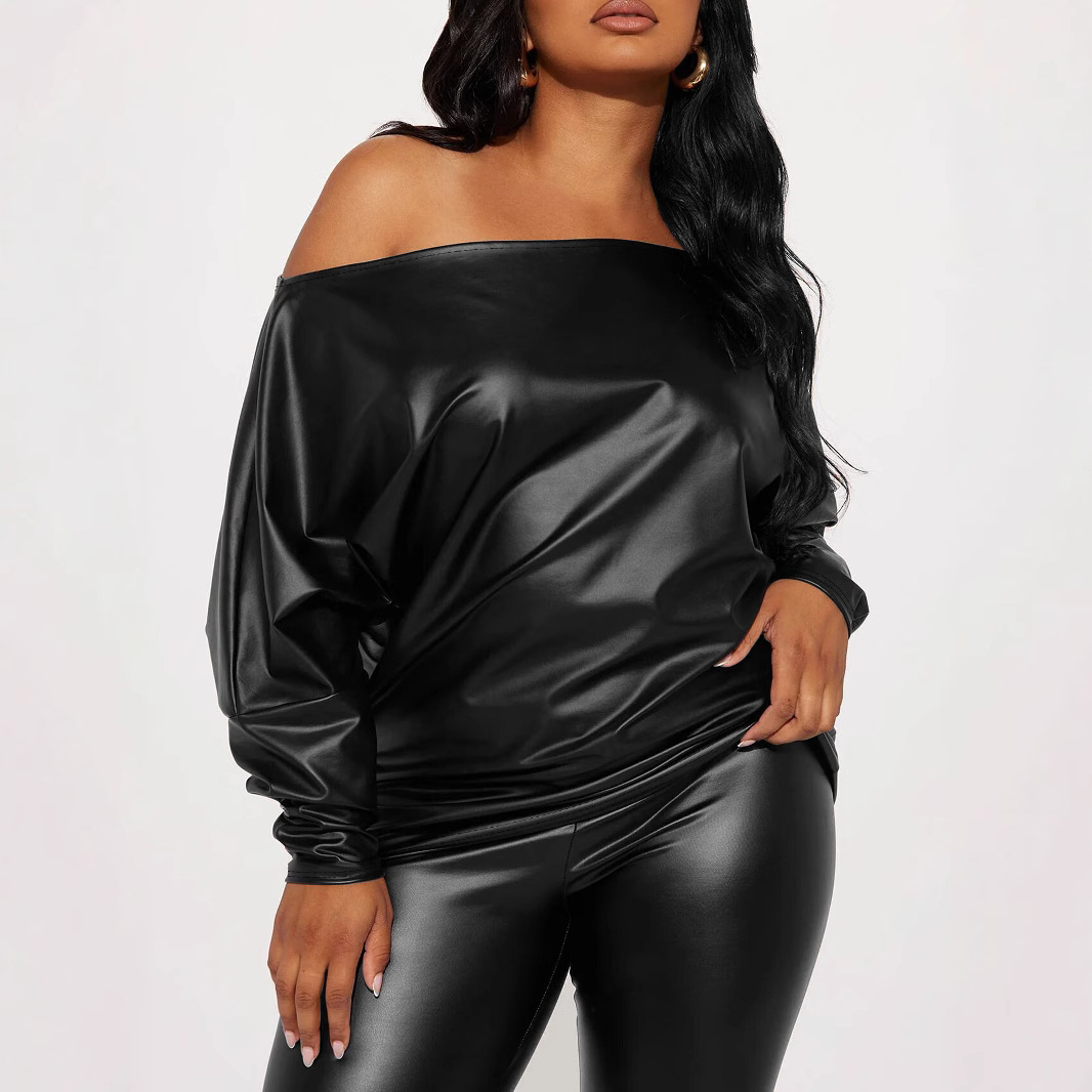 Plus Size Semi Formal Tops Casual Black Fall Winter Off The Shoulder Long Sleeve PU Leather Fashion Tops 240810
