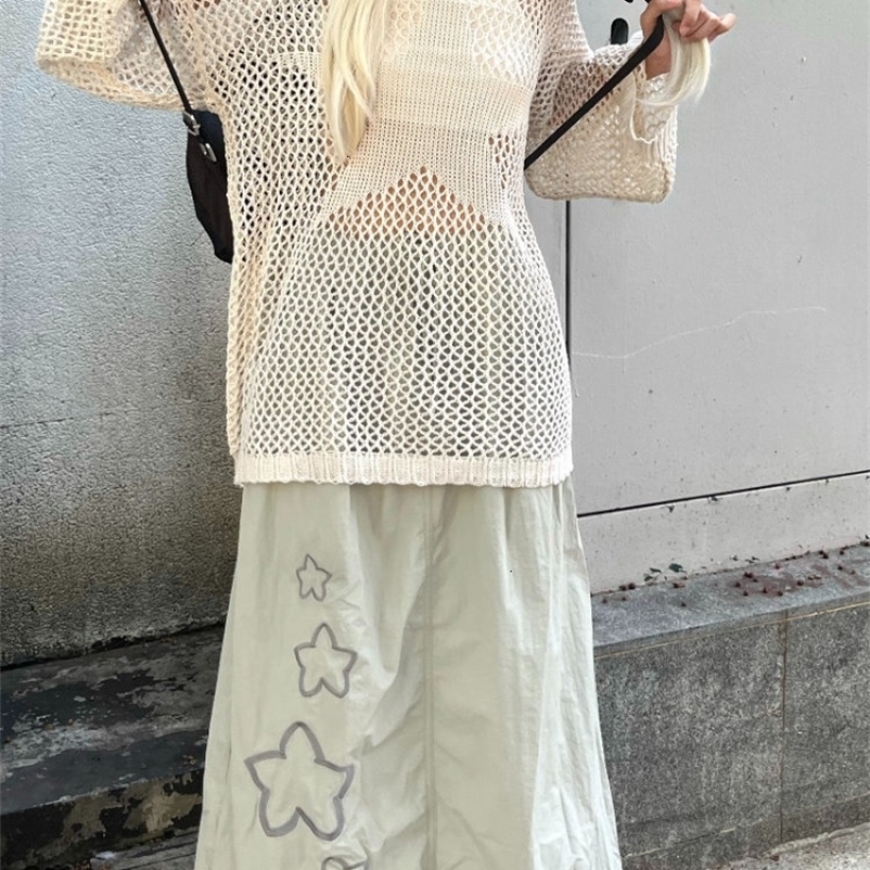 Women's Sweaters KOSAHIKI Hollow Knitwear Y2k Aesthetic Thin Sweater Harajuku Streetwear Punk See Through Tops Jumper Ropa De Mujer Fairy Grunge 