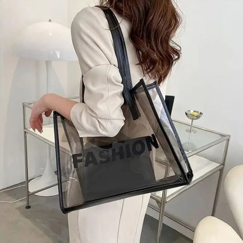 Transparent Black Letter FASHION Square Large Capacity Womens Tote Bag Commuting One Shoulder Handheld Jelly 240729