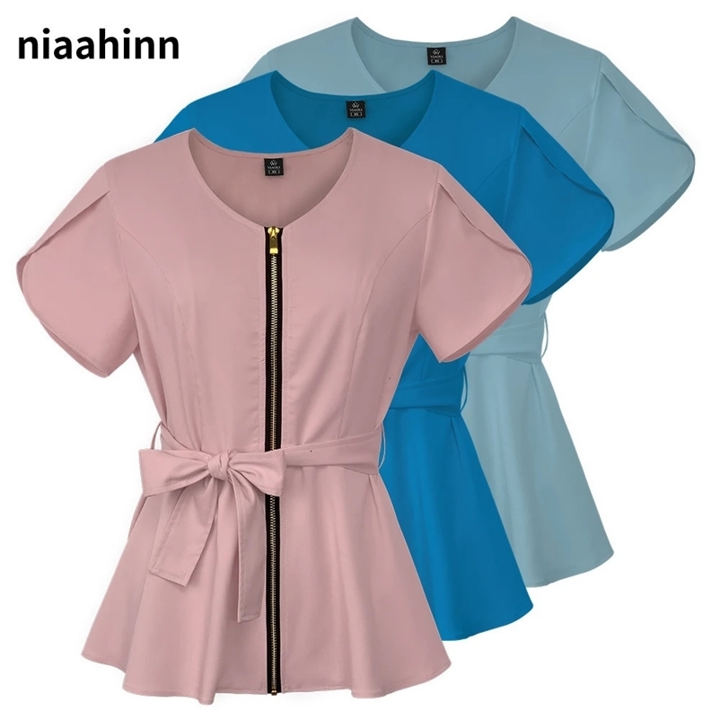 Slim Fit Unifrom Wholesale Nurse Uniform High Quality Belt Solid Color Scrub Tops Beauty Salon Workwear Doctor Shirt 240704