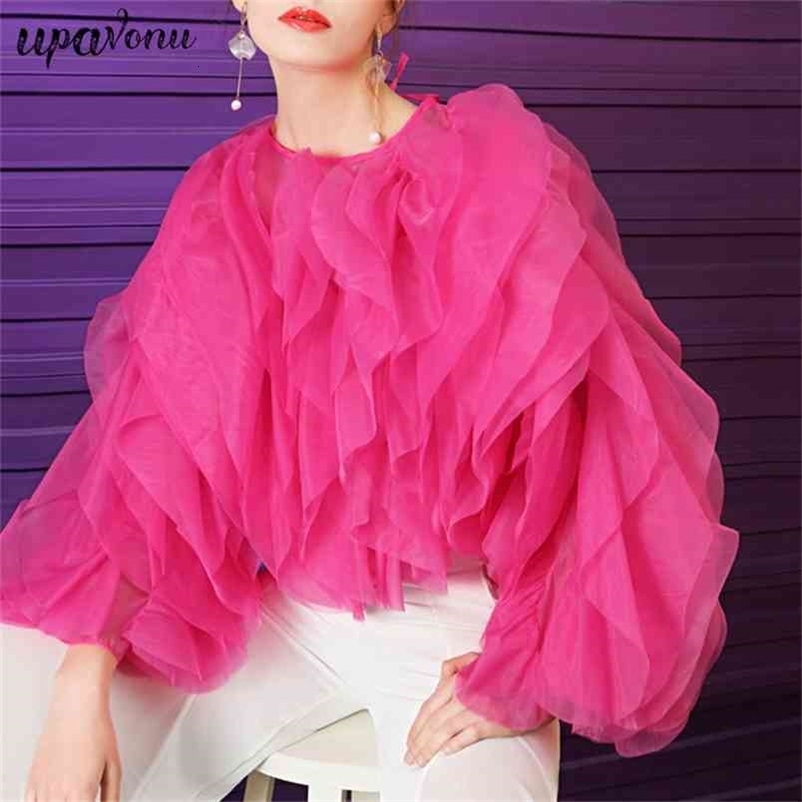 Free Autumn Women's Rose Red Mesh Top Sexy Round Neck Lantern Sleeve Loose Irregular Laminated Petal Party 210524