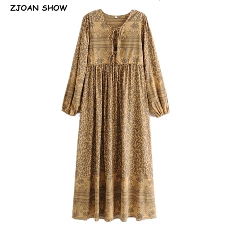 Spring Bohemia Bandage Lacing up Collar Yellow Leopard Floral Print Dress BOHO Woman Long Sleeve Holiday Dresses Beach 210429