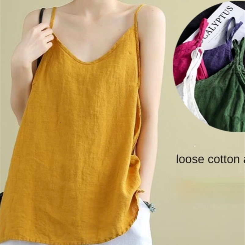 Camisoles Tanks Women's top spaghetti shoulder straps cotton linen V-neck loose sleeveless linen loose casual women's summer 230408