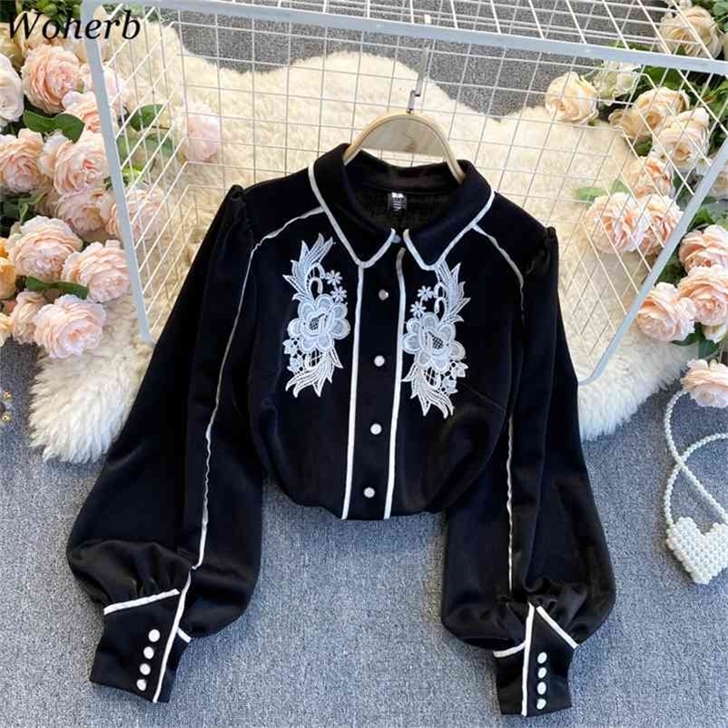 Temperament Top Lady Vintage Lantern Sleeve Blouses Women Loose All-match Embroidery Shirts Chic Black Blusas Mujer 4H229 210519