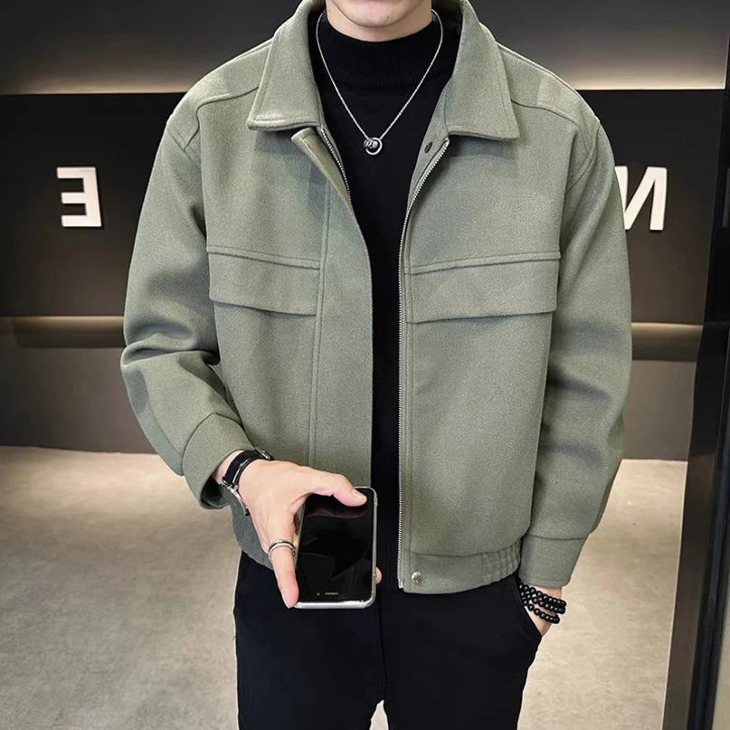 mens wool coat Korean short spring autumn solid color pattern tight zipper dress clothing E09 240904