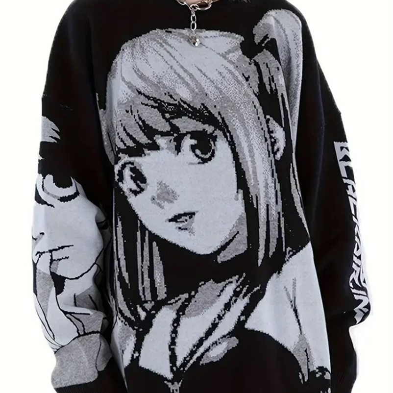 Anime Graphic Letter Print Pullover SweaterCute Long Sleeve Crew Neck SweaterWomens Clothing 240812