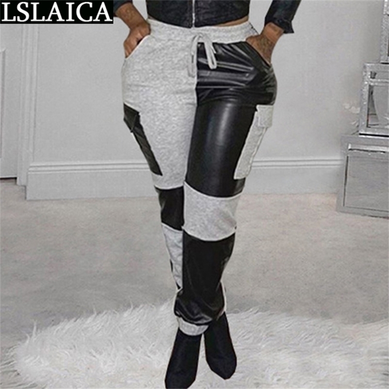 Pant Sports Elegant Patchwork Drawstring Trousers Women Casual Elastic Waist Pocket Fashion Arrival Spodnie Damskie 210515